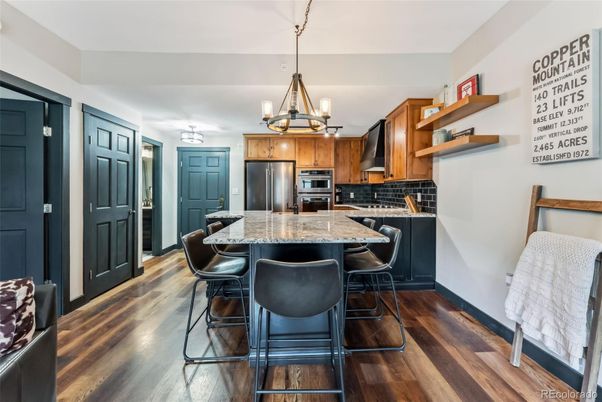 Chandelier, Interior, Kitchen, Stainless Steel Appliances, Wood Texture Flooring