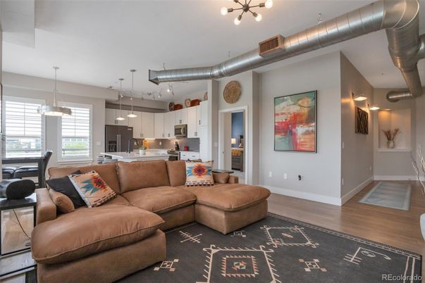 Dining room, Interior, Kitchen, Living room, Pendant Lights, Stainless Steel Appliances, Wood Texture Flooring