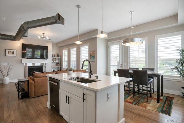 Fireplace, Interior, Kitchen, Living room, Pendant Lights, Wood Texture Flooring