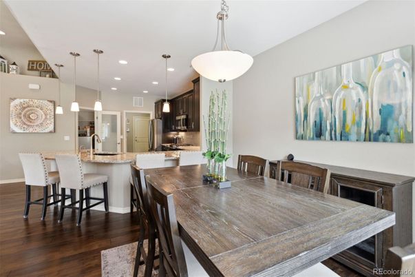 Dining room, Interior, Kitchen, Pendant Lights, Recessed Lighting, Wood Texture Flooring