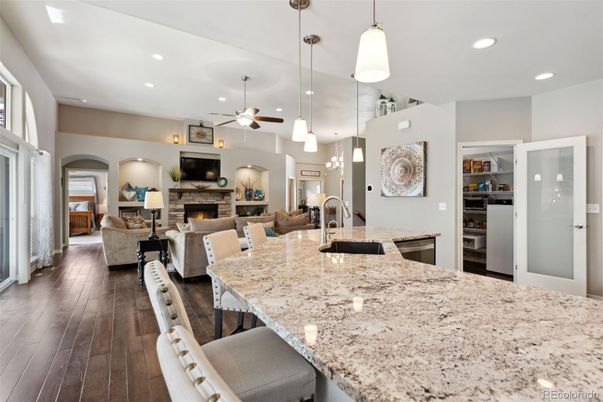 Fireplace, Interior, Kitchen, Living room, Pendant Lights, Recessed Lighting, Wood Texture Flooring