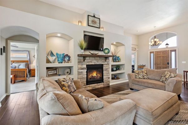 Chandelier, Fireplace, Interior, Living room, Recessed Lighting, Wood Texture Flooring