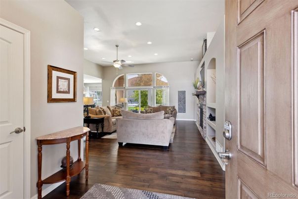 Fireplace, Interior, Living room, Recessed Lighting, Wood Texture Flooring