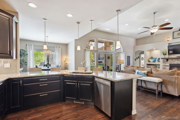 Fireplace, Interior, Kitchen, Living room, Pendant Lights, Recessed Lighting, Wood Texture Flooring