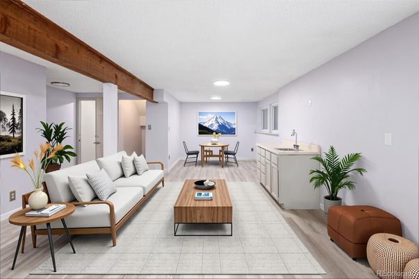 Dining room, Interior, Living room, Recessed Lighting, Wooden Beams, Wood Texture Flooring