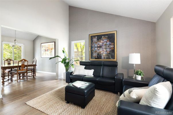 Dining room, Interior, Living room, Pendant Lights, Wood Texture Flooring