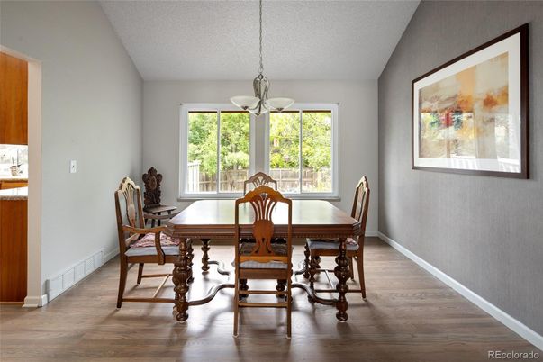 Dining room, Interior, Pendant Lights, Wood Texture Flooring