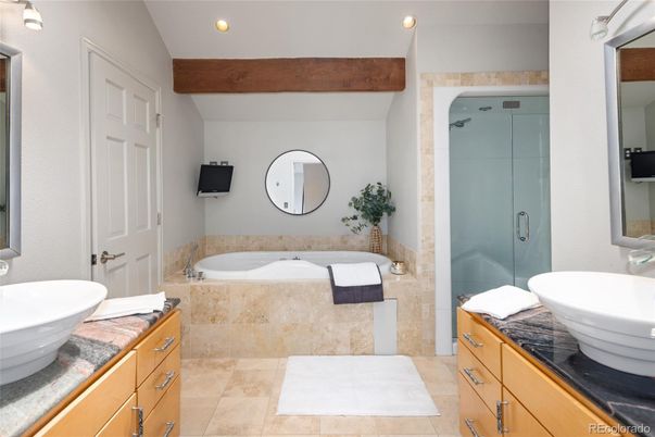 Bathroom, Dual Sink Vanities, Glass Shower, Interior, Recessed Lighting, Wooden Beams