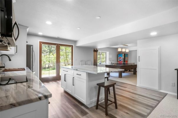 Interior, Kitchen, Pendant Lights, Recessed Lighting, Wood Texture Flooring