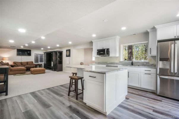 Interior, Kitchen, Living room, Recessed Lighting, Stainless Steel Appliances, Wood Texture Flooring