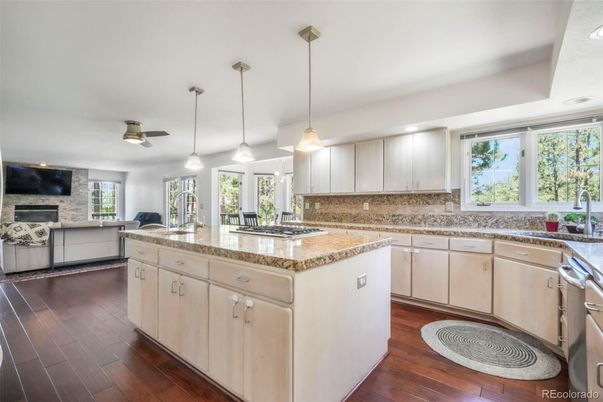 Fireplace, Interior, Kitchen, Pendant Lights, Recessed Lighting, Wood Texture Flooring