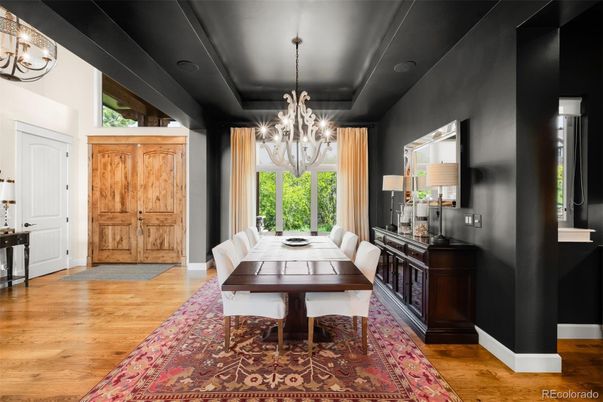 Chandelier, Dining room, Interior, Wood Texture Flooring
