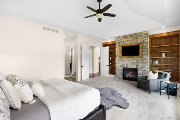 Bedroom, Fireplace, Interior, Recessed Lighting, Stone Walls