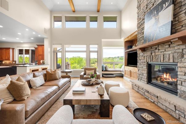 Fireplace, Interior, Living room, Recessed Lighting, Stone Walls, Wooden Beams, Wood Texture Flooring