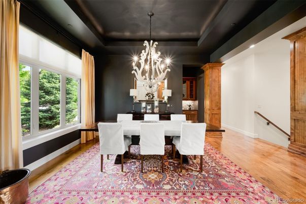 Chandelier, Dining room, Interior, Wood Texture Flooring