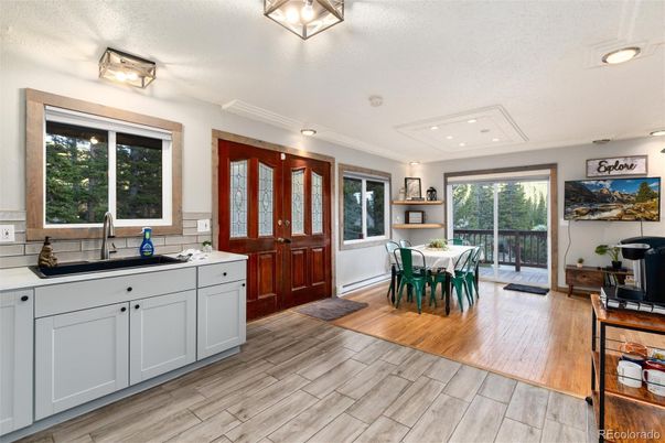 Dining room, Interior, Kitchen, Recessed Lighting, Wood Texture Flooring