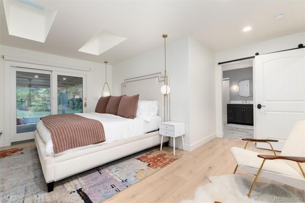 Bedroom, Interior, Pendant Lights, Recessed Lighting, Wood Texture Flooring