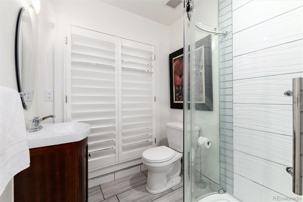 Bathroom, Glass Shower, Interior, Wood Texture Flooring