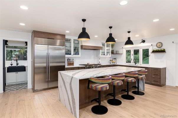 Interior, Kitchen, Pendant Lights, Recessed Lighting, Stainless Steel Appliances, Wood Texture Flooring