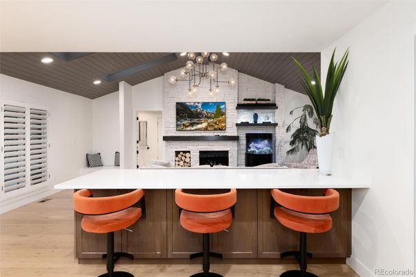 Fireplace, Interior, Recessed Lighting, Stone Walls, Wood Texture Flooring