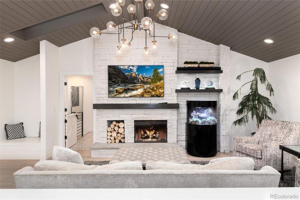 Fireplace, Interior, Living room, Pendant Lights, Recessed Lighting, Stone Walls, Wooden Beams