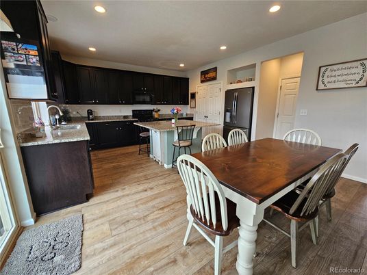 Dining room, Interior, Kitchen, Recessed Lighting, Wood Texture Flooring
