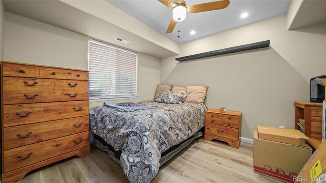 Bedroom, Interior, Recessed Lighting, Wood Texture Flooring