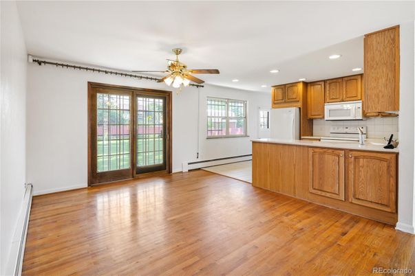 Empty room, Interior, Kitchen, Recessed Lighting, Wood Texture Flooring