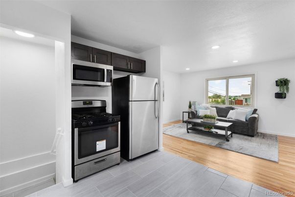 Interior, Kitchen, Living room, Recessed Lighting, Stainless Steel Appliances, Wood Texture Flooring