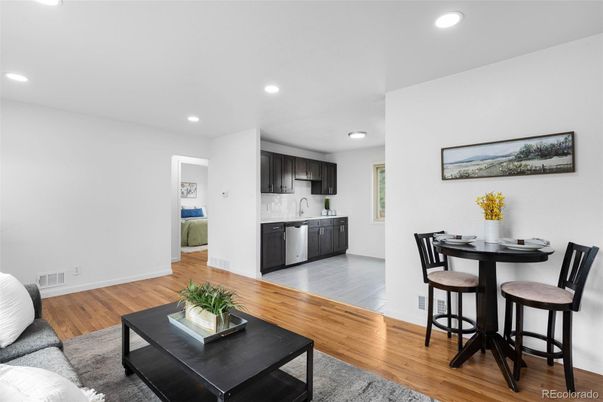 Dining room, Interior, Kitchen, Recessed Lighting, Wood Texture Flooring