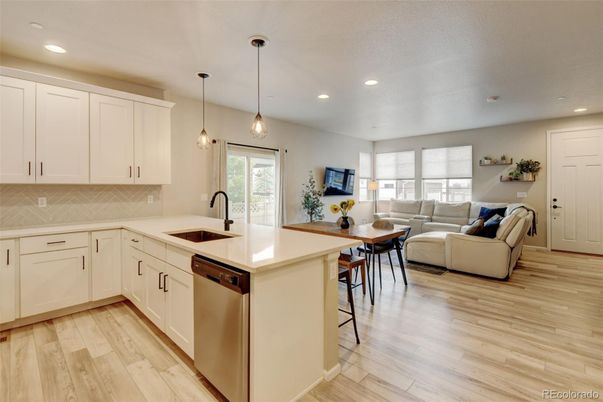 Interior, Kitchen, Living room, Pendant Lights, Recessed Lighting, Wood Texture Flooring