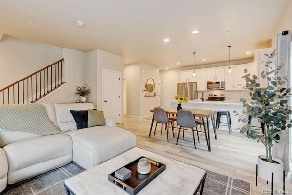 Dining room, Interior, Kitchen, Living room, Pendant Lights, Recessed Lighting, Stainless Steel Appliances, Wood Texture Flooring