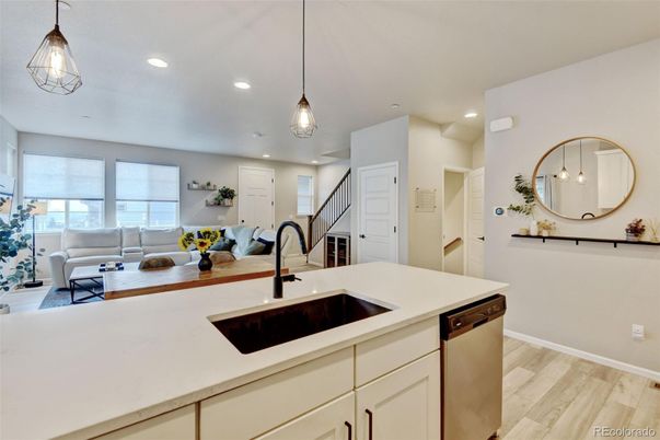 Interior, Kitchen, Living room, Pendant Lights, Recessed Lighting, Wood Texture Flooring