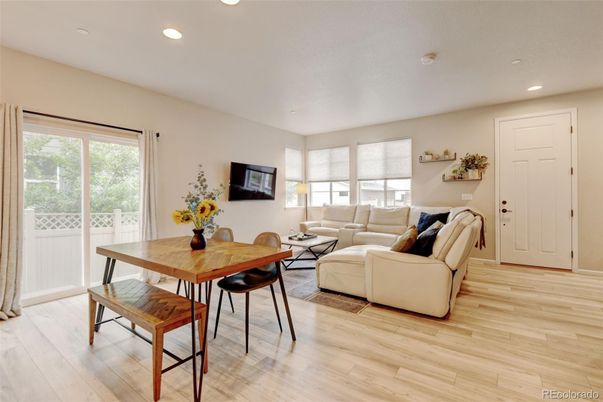 Dining room, Interior, Living room, Recessed Lighting, Wood Texture Flooring