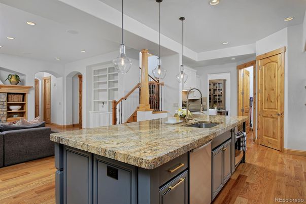 Interior, Kitchen, Pendant Lights, Recessed Lighting, Wood Texture Flooring