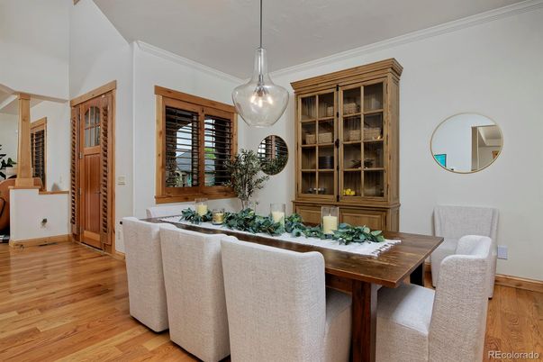 Dining room, Interior, Pendant Lights, Wood Texture Flooring