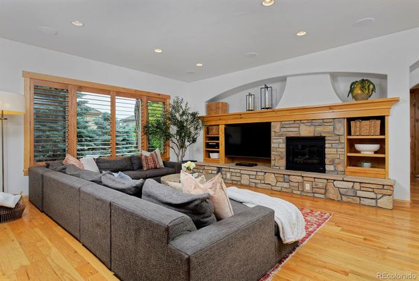 Fireplace, Interior, Living room, Recessed Lighting, Wood Texture Flooring