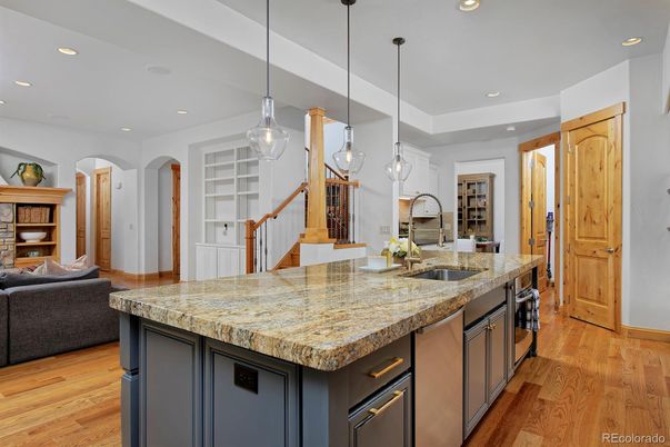 Interior, Kitchen, Pendant Lights, Recessed Lighting, Wood Texture Flooring