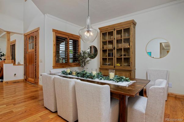 Dining room, Interior, Pendant Lights, Wood Texture Flooring