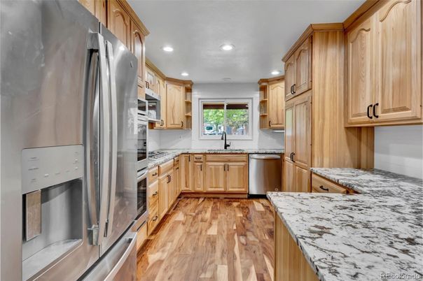 Interior, Kitchen, Recessed Lighting, Stainless Steel Appliances, Wood Texture Flooring
