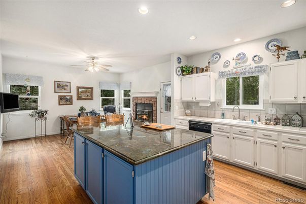 Dining room, Fireplace, Interior, Kitchen, Recessed Lighting, Wood Texture Flooring
