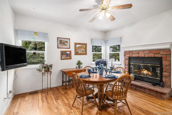Dining room, Fireplace, Interior, Wood Texture Flooring