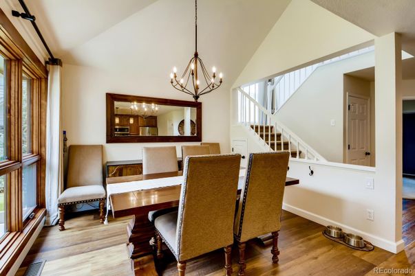 Chandelier, Dining room, Interior, Wood Texture Flooring