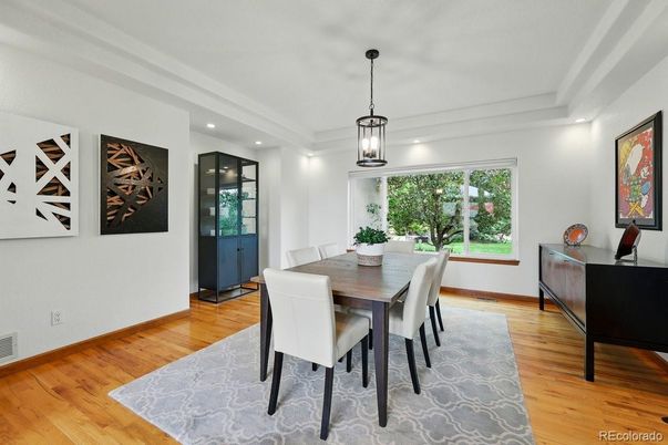 Dining room, Interior, Pendant Lights, Recessed Lighting, Wood Texture Flooring