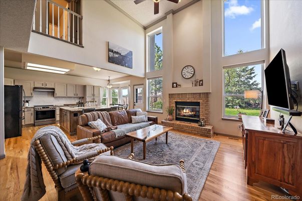 Fireplace, Interior, Kitchen, Living room, Stainless Steel Appliances, Wood Texture Flooring