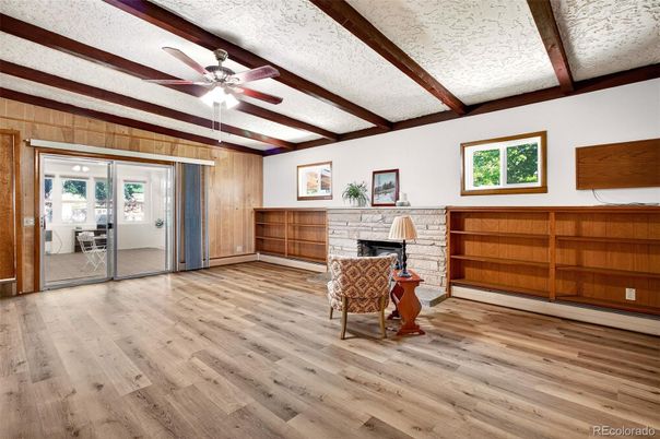 Empty room, Fireplace, Interior, Stone Walls, Wooden Beams, Wood Texture Flooring, Wooden Walls