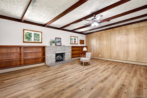 Empty room, Fireplace, Interior, Wooden Beams, Wood Texture Flooring, Wooden Walls