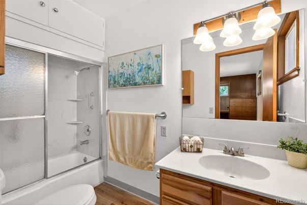 Bathroom, Glass Shower, Interior, Wood Texture Flooring