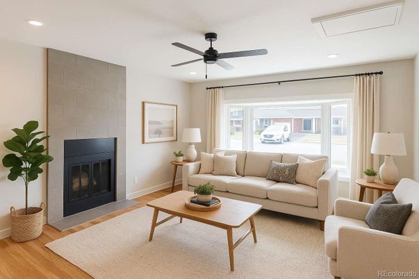 Fireplace, Interior, Living room, Recessed Lighting, Stone Walls, Wood Texture Flooring