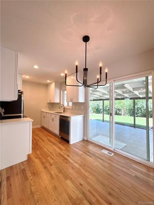 Chandelier, Interior, Kitchen, Recessed Lighting, Wood Texture Flooring